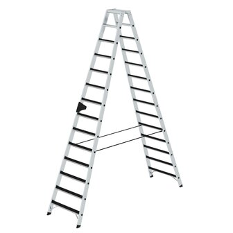 Aluminium trap tweezijdig oploopbaar met clip step - werkhoogte 4.800 mm/totale hoogte 3.250 mm/aantal treden 2x14/belastbaar tot 150 kg