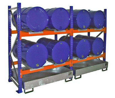 Basisset vatenrek met opvangbak type 3000 - rek ca. 1350x800x2000 mm (bxdxh)/met 2 vakniveaus/opvangbak zonder rooster/opvangvolume 200 liter/vaten max. 4 x 200 liter liggend