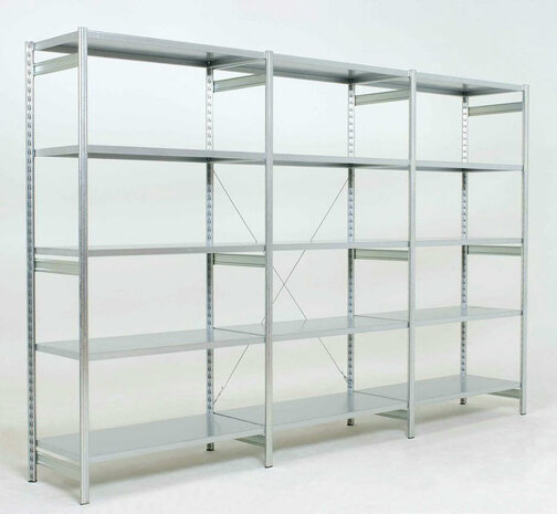 Aanbouwset legbordstelling Epsilon - ca. 2000x1000x600 mm/5 niveaus met plaatstalen legborden/sendzimir verzinkt/open staanders