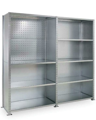 Geperforeerde buitenwand legbordstelling Adaptiv - afmetingen 2250x600 mm (hxd)/gegalvaniseerd/levering in modules