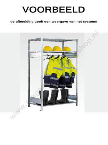 14151-Basisset garderobestelling  - ca. 2000x1000x600mm/met legborden en kledingroede/tweezijdig bedienbaar/sendzimir verzinkt/150kg legbordbelasting