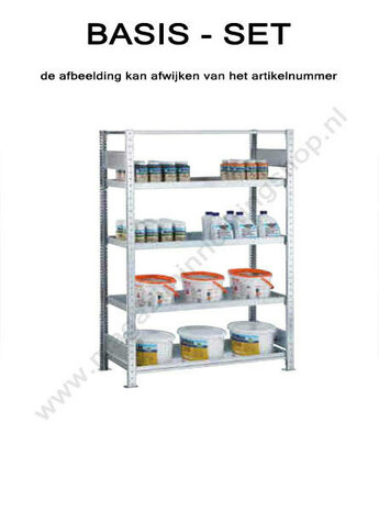 14940-Basisset baklegbordstelling  - ca. 2000x1000x500mm/met baklegborden en afdekbord/tweezijdig bedienbaar/sendzimir verzinkt/150kg legbordbelasting