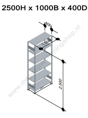 13141-Basisset legbordstelling - ca. 2500x1000x400mm/6 legborden/sendzimir verzinkt/85kg/kruisschoor