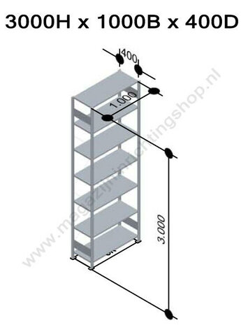 13147-Aanbouwset legbordstelling - ca. 3000x1000x400mm/7 legborden/sendzimir verzinkt/85kg/kruisschoor