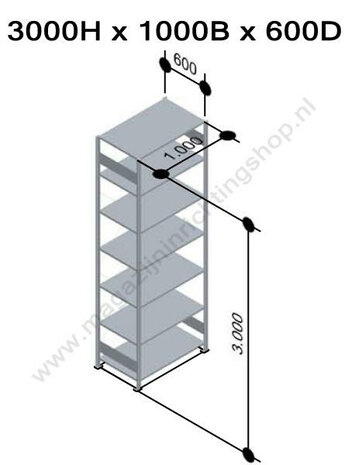 13167-Aanbouwset legbordstelling - ca. 3000x1000x600mm/7 legborden/sendzimir verzinkt/85kg/kruisschoor