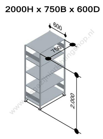 12760-75-Basisset legbordstelling - ca. 2000x750x600mm/5 legborden/sendzimir verzinkt/150kg/kruisschoor