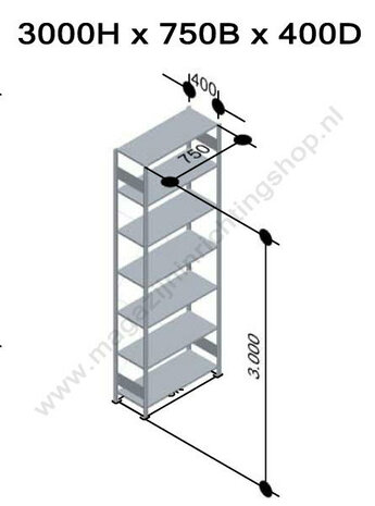 32647-75-Aanbouwset legbordstelling - ca. 3000x750x400mm/7 legborden/RAL7035 lichtgrijs/150kg/kruisschoor