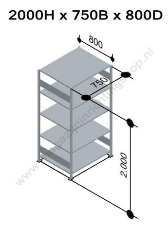 32680-75-Basisset legbordstelling - ca. 2000x750x800mm/5 legborden/RAL7035 grijs/150kg/kruisschoor