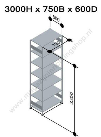 12762-75-B-Basisset legbordstelling - ca. 3000x750x600mm/7 legborden/RAL5010 blauw+sendzimir verzinkt/150kg/kruisschoor