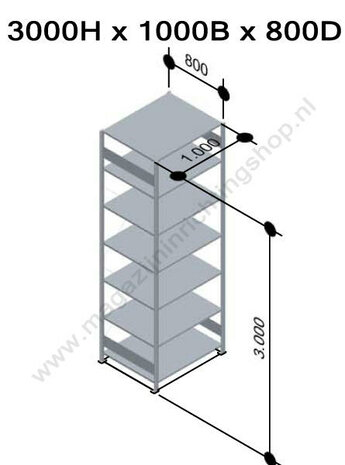 12582-Basisset legbordstelling - ca. 3000x1000x800mm/7 legborden/sendzimir verzinkt/150kg/kruisschoor