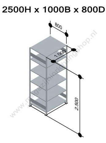 12586-B-Aanbouwset legbordstelling - ca. 2500x1000x800mm/6 legborden/RAL5010 blauw+sendzimir verzinkt/150kg/kruisschoor