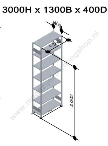 12747-130-Aanbouwset legbordstelling - ca. 3000x1300x400mm/7 legborden/sendzimir verzinkt/150kg/kruisschoor