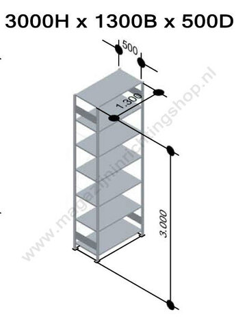 12752-130-Basisset legbordstelling - ca. 3000x1300x500mm/7 legborden/sendzimir verzinkt/150kg/kruisschoor