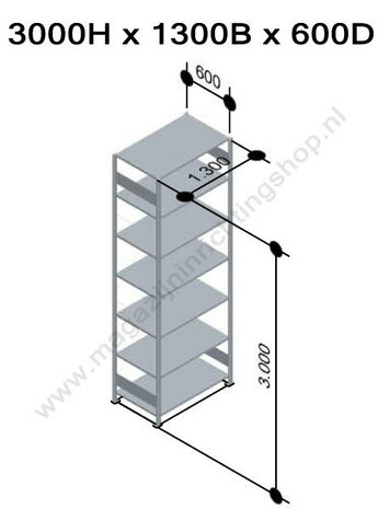 12762-130-Basisset legbordstelling - ca. 3000x1300x600mm/7 legborden/sendzimir verzinkt/150kg/kruisschoor