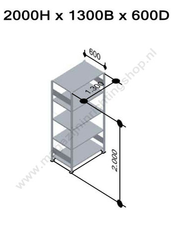 12766-130-Aanbouwset legbordstelling - ca. 2500x1300x600mm/6 legborden/sendzimir verzinkt/150kg/kruisschoor