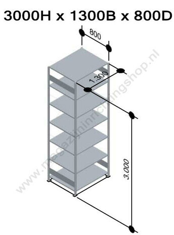 12782-130-Basisset legbordstelling - ca. 3000x1300x800mm/7 legborden/sendzimir verzinkt/150kg/kruisschoor