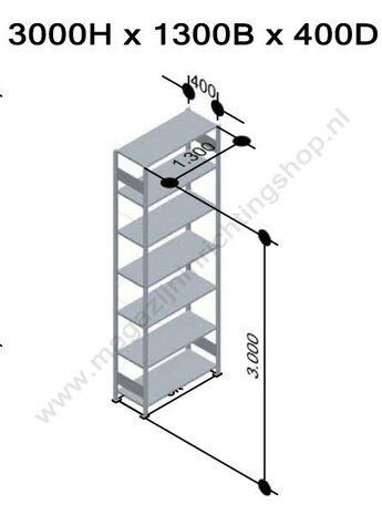 32642-130-Basisset legbordstelling - ca. 3000x1300x400mm/7 legborden/RAL7035 lichtgrijs/150kg/kruisschoor