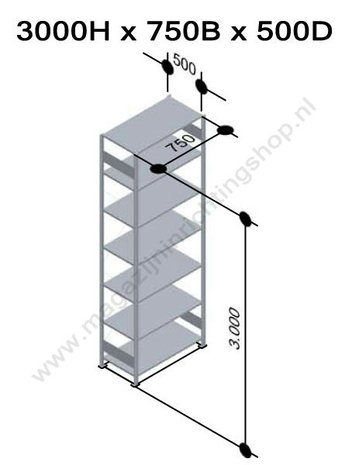 12752-75-LR-B-Basisset legbordstelling - ca. 3000x750x500mm/7 legborden/RAL5010 blauw+sendzimir verzinkt/150kg/langstraversen