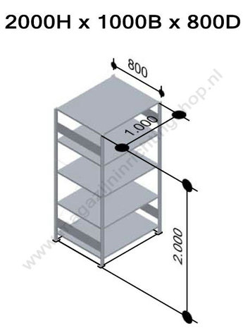 12785-LR-B-Aanbouwset legbordstelling - ca. 2000x1000x800mm/5 legborden/RAL5010+sendzimir verzinkt/150kg/langstraversen