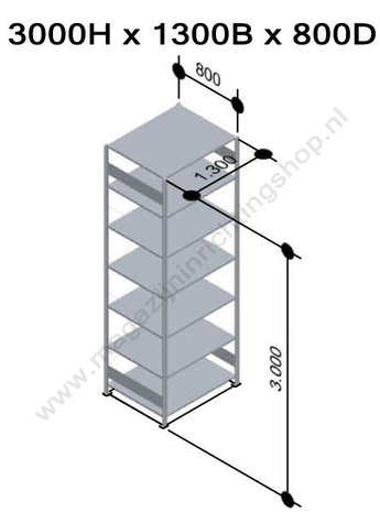 12782-130-LR-Basisset legbordstelling - ca. 3000x1300x800mm/7 legborden/sendzimir verzinkt/150kg/langstraversen