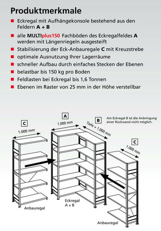 12762-ECK-Hoekstelling (velden A + B) - ca. 3000x1000x600mm/met ophangbeugels en langstraversen/2 x 7 legborden/sendzimir verzinkt/150kg legbordbelasting