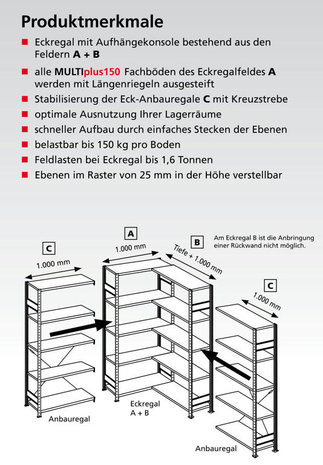 32666-ECK-Aanbouwstelling (veld C) - ca. 2500x1000x600mm/met kruisschoren/6 legborden/RAL7035 lichtgrijs/150kg legbordbelasting