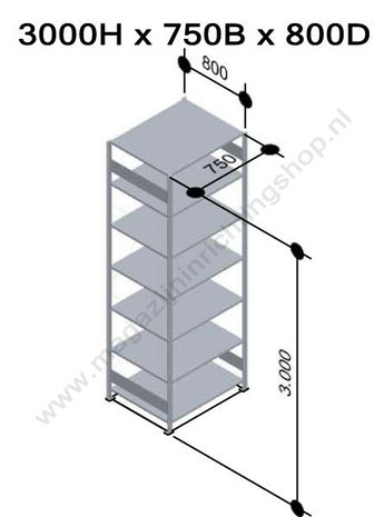 12987-75-Aanbouwset legbordstelling - ca. 3000x750x800mm/7 legborden/sendzimir verzinkt/250kg/kruisschoor