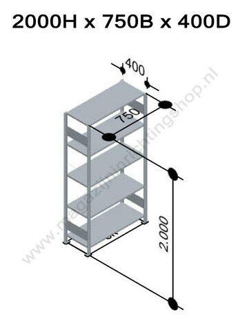 12945-75-LR-B-Aanbouwset legbordstelling - ca. 2000x750x400mm/5 legborden/RAL5010 blauw+sendzimir verzinkt/250kg/langstraversen